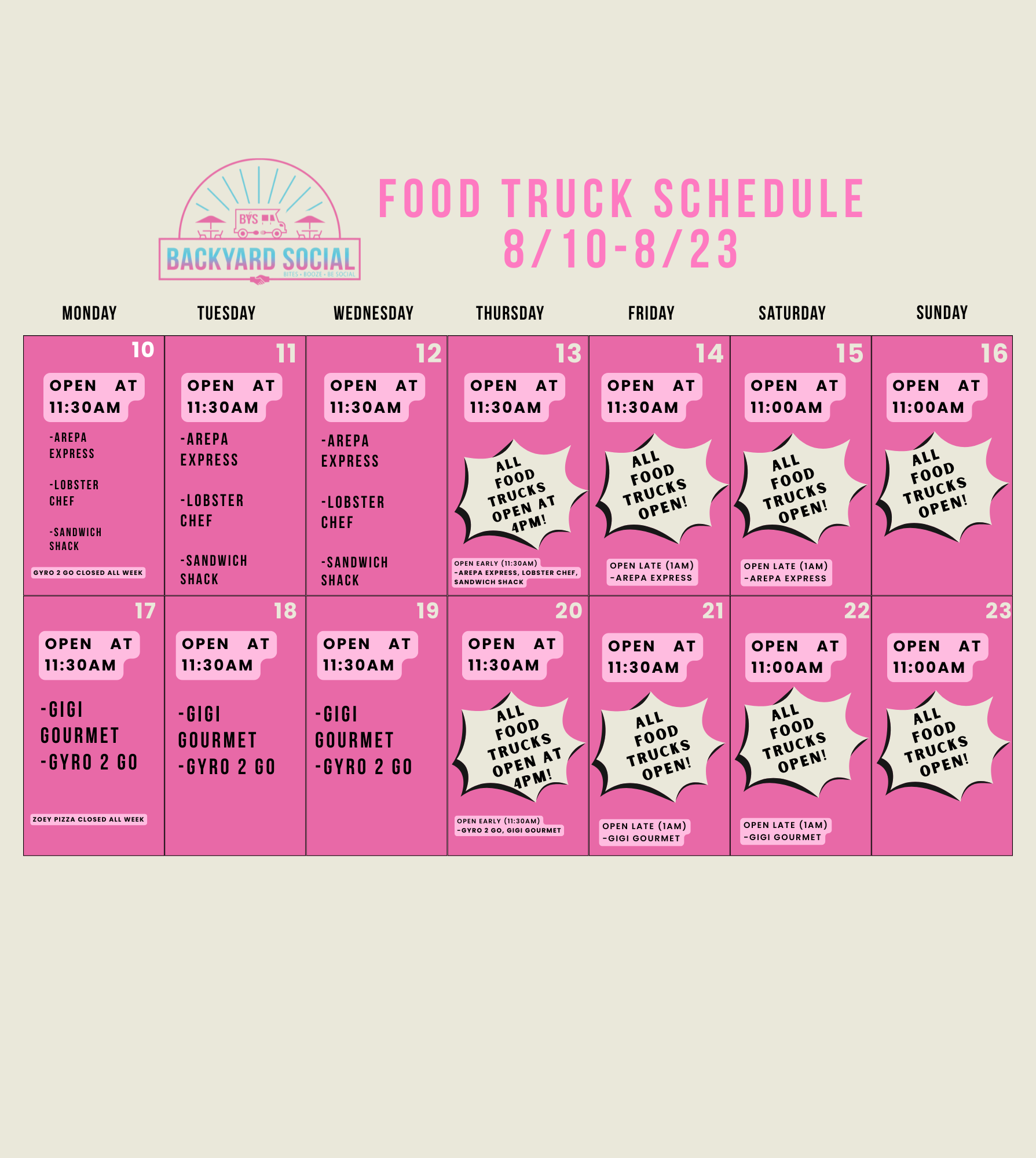 food truck schedule aug 10th